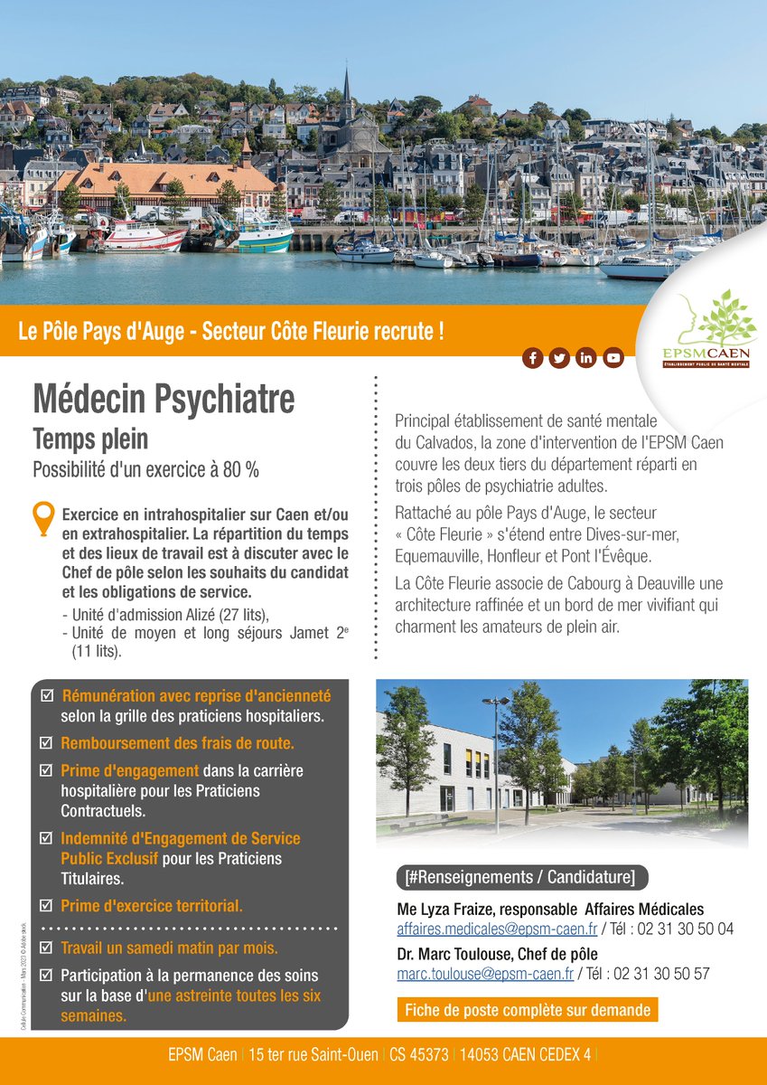 Epsmcaen's tweet image. #Recrutement L&apos;EPSM Caen recrute un(e) Médecin #psychiatre pour le Pôle de psychiatrie adulte &quot;Pays d&apos;Auge - secteur Côte Fleurie.&quot; Activité en intra-hospitalier sur Caen et/ou en extra-hospitalier  Renseignements : affaires.medicales@epsm-caen.fr   #psychiatrie #santémentale