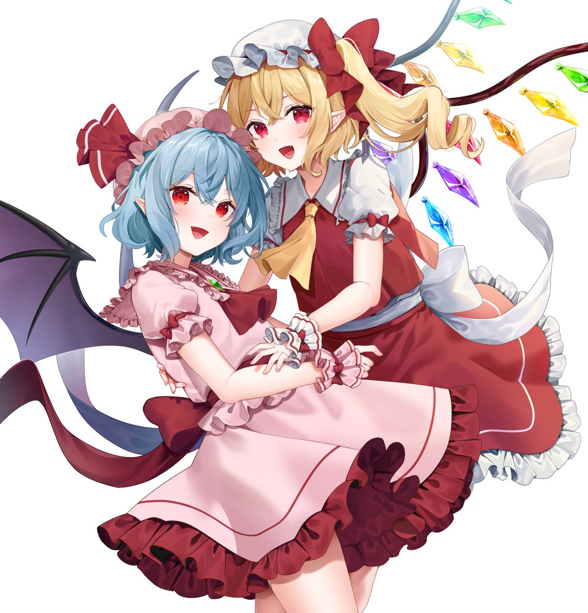 flandre scarlet ,remilia scarlet looking at viewer blush smile open mouth short hair simple background shirt  illustration images