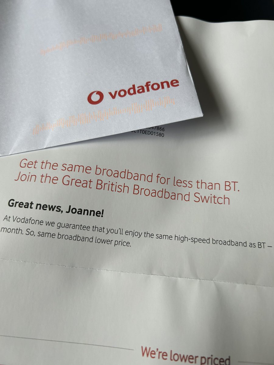 Dear <a href="/VodafoneUK/">Vodafone UK</a> it’s lovely to see you know your loyal customers so well. I’ve had broadband with you for years and years and just upgraded to FF with you. And yet here’s a letter offering to switch me to VF…..🤦🏻‍♀️ think your marketing dataset needs improving 😱