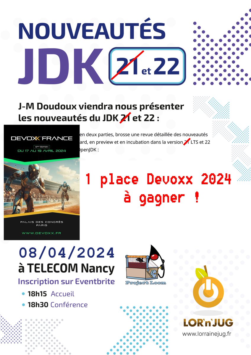 Hello, on n'oublie ce soir c'est la suite de la dernière fois avec les nouveautés JDK 22 à <a href="/TELECOMNancy/">TELECOM Nancy</a> 🦾
Inscriptions par ici : lorrainejug.fr/annonce/2024/0…