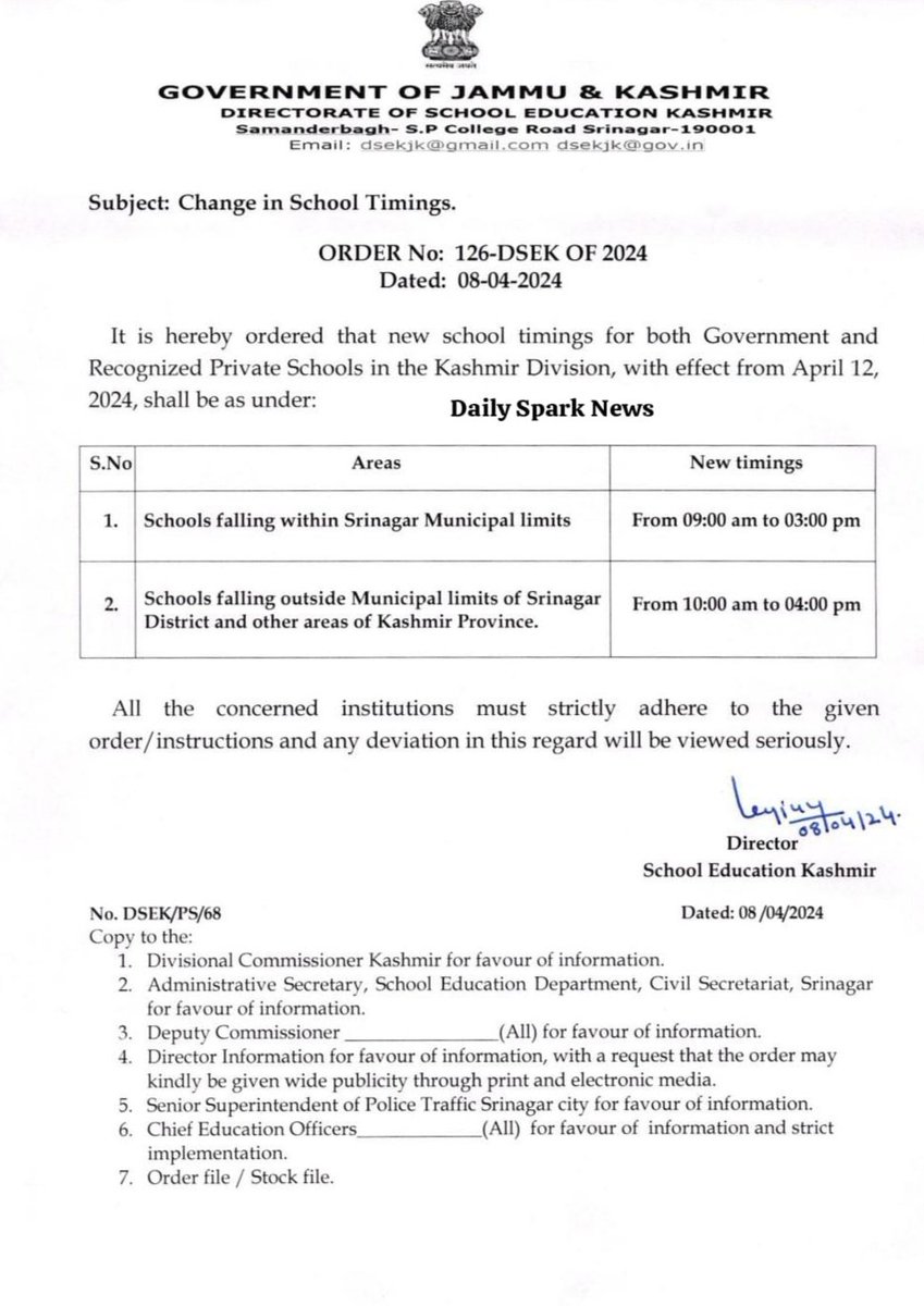 The Directorate of School 
Education Kashmir (DSEK), Monday changed school timing for Kashmir division with effect from April-12.
@dsekofficial
