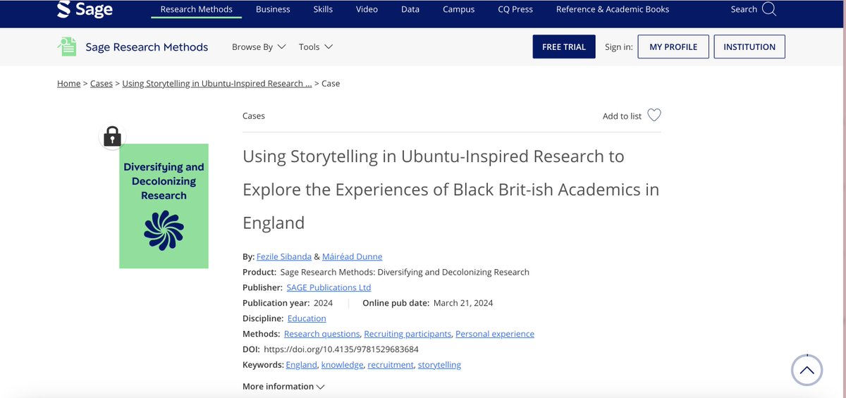 Thrilled to announce the publication of my latest work, titled 'Using Storytelling in Ubuntu-Inspired Research to Explore the Experiences of Black Brit-ish Academics in England' featured in Sage Research Methods: Diversifying and Decolonizing Research. ✍🏿 💡#sageresearchmethods