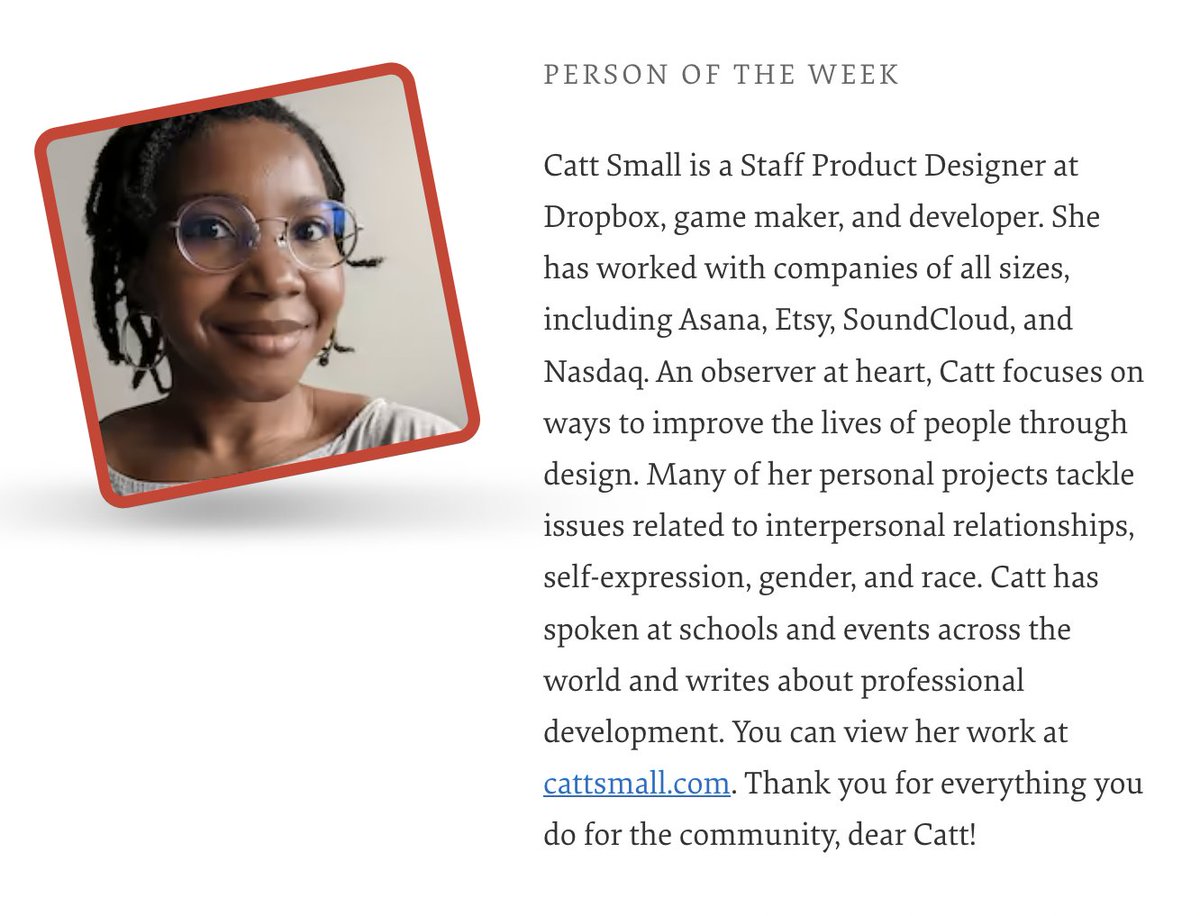 Our Person of the Week is a product designer, game maker, and developer focusing on ways to improve the lives of people through design. Please give a warm round of applause for... Catt Small! Thank you for everything you do for the community, dear Catt! #smashingcommunity