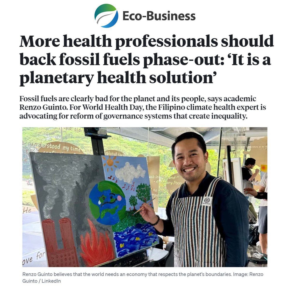 Grateful to @ecobusinesscom for this #WorldHealthDay interview! We must center #PlanetaryHealth - health of both people & planet - in #Sustainability 🌏 We #HealthProfessionals must use the power of our evidence, our stories, our voice & our example! eco-business.com/news/more-heal…