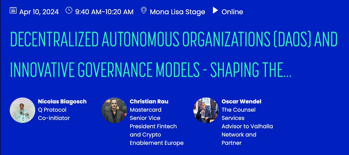 🌐✨ Excited to join in a couple days an incredible lineup of thought leaders at @ParisBlockWeek for a panel on 'Decentralized Autonomous Organizations (DAOs) and Innovative Governance Models'! 🗓️ April 10th, 9:40-10:20 AM CET 📍Mona Lisa Stage We'll dive into how #DAOs are…