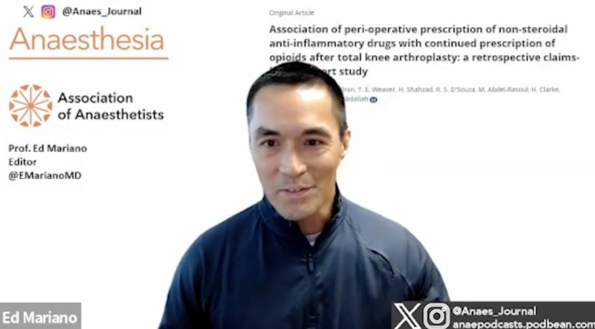 𝘈𝘯𝘢𝘦𝘴𝘵𝘩𝘦𝘴𝘪𝘢 (@anaes_journal) on Twitter photo Tomorrow at 0900 BST it is the LIVE American RA takeover!
<a href="/EMARIANOMD/">Ed Mariano, MD, MAS, FASA, FASRA 🇺🇸🇵🇭</a>, <a href="/jinlei_li/">Jinlei Li</a>, <a href="/nasir418/">Nasir Hussain</a> and <a href="/Faraj_RegAnesth/">Faraj Abdallah</a> discuss an excellent new paper on the association of peri-operative prescription of non-steroidal anti-inflammatory drugs with continued prescription of opioids Tomorrow at 0900 BST it is the LIVE American RA takeover!
<a href="/EMARIANOMD/">Ed Mariano, MD, MAS, FASA, FASRA 🇺🇸🇵🇭</a>, <a href="/jinlei_li/">Jinlei Li</a>, <a href="/nasir418/">Nasir Hussain</a> and <a href="/Faraj_RegAnesth/">Faraj Abdallah</a> discuss an excellent new paper on the association of peri-operative prescription of non-steroidal anti-inflammatory drugs with continued prescription of opioids