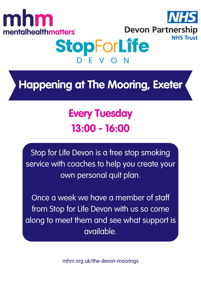 Stop For Life at The Mooring. A free stop smoking service with coaches to help you quit smoking. Every Tuesday, 1-4pm, at The Mooring.