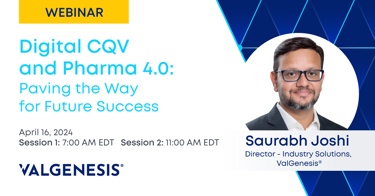Have you registered for @Saurabh's webinar next week? He'll be discussing the differences between #digitalCQV and traditional #CQV, as well as its role in paving the way to Pharma 4.0 success. Don't miss out! 👉 valgenesis.com/resource/webin…