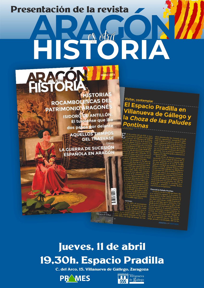 El 𝗷𝘂𝗲𝘃𝗲𝘀 𝟭𝟭 𝗱𝗲 𝗮𝗯𝗿𝗶𝗹 te invitamos a la presentación del nº 9 de 𝑨𝒓𝒂𝒈𝒐́𝒏 𝒆𝒔 𝒐𝒕𝒓𝒂 𝒉𝒊𝒔𝒕𝒐𝒓𝒊𝒂, será en el 𝗘𝘀𝗽𝗮𝗰𝗶𝗼 𝗣𝗿𝗮𝗱𝗶𝗹𝗹𝗮 de  Villanueva de Gállego (c/ del Arco, 15), a las 𝟭𝟵:𝟯𝟬. 
#aeoh #aragonesotrahistoria #historiadearagon