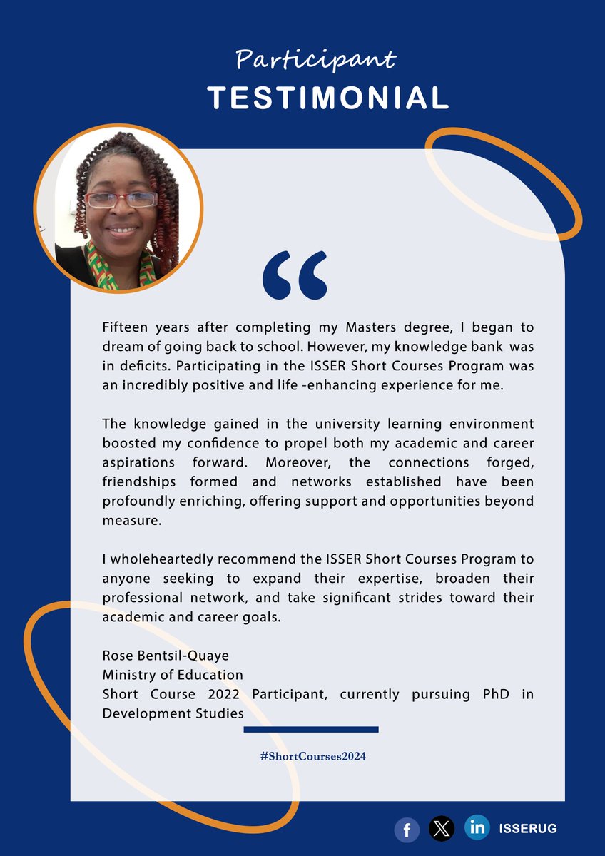 Welcome to Short Courses 2024! We're excited to kick off another session today & can't wait to greet participants of the M&E class. Let's delve into the transformative experiences awaiting, just like Rose's inspiring journey. #ISSERShortCourses #shortcourses2024 @UnivofGh