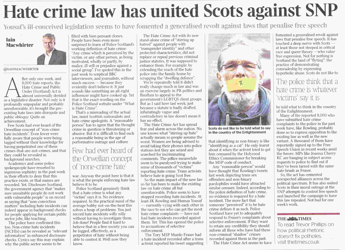 💥THIS!👇💥 #HateCrimeAct has united Scots against @theSNP' '@HumzaYousaf’s / @ScotGovFM ill-conceived legislation seems to have fomented a generalised revolt against laws that penalise free speech' #HateCrimeActScotland 🇬🇧 thetimes.co.uk/article/hate-c…