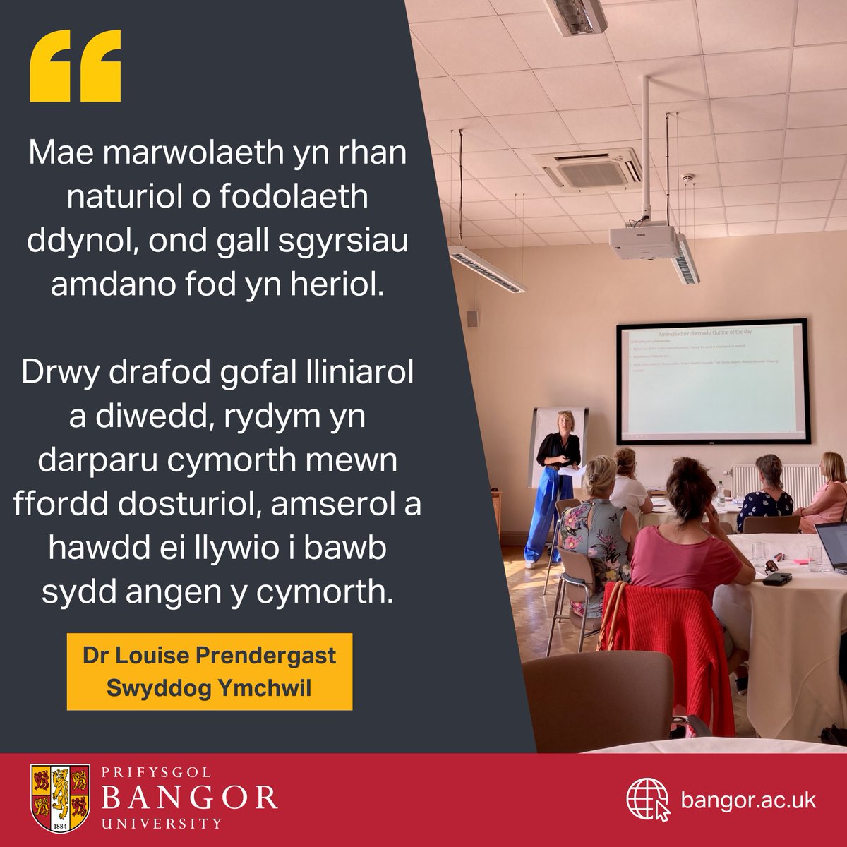 💛 Cynhaliwyd @SHSBangor cynhadledd mewn cydweithrediad â @BywNawr, @MantellGwynedd i archwilio syniadau a safbwyntiau unigolion sydd â diddordeb mewn materion gofal lliniarol a diwedd oes. ➡️ bit.ly/3VrDeUX #EichPrifysgolEichCymuned #CronfaGymunedolBangor