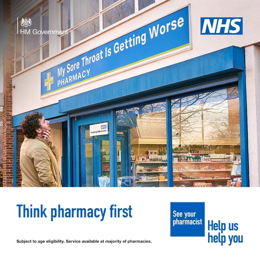 Sore throat? If needed, your pharmacist can now provide treatment and some prescription medicine without seeing a GP. Think pharmacy first. Find out more at nhs.uk/thinkpharmacyf….