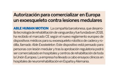📰 La empresa de la #BioRegión de Cataluña @AbleHumanMotion ha recibido la autorización CE para su exoesqueleto robótico para personas con lesión medular. ✅ El Able Exoskeleton podrá ser comercializado en hospitales y centros de rehabilitación de la UE. En @exp_catalunya 👇