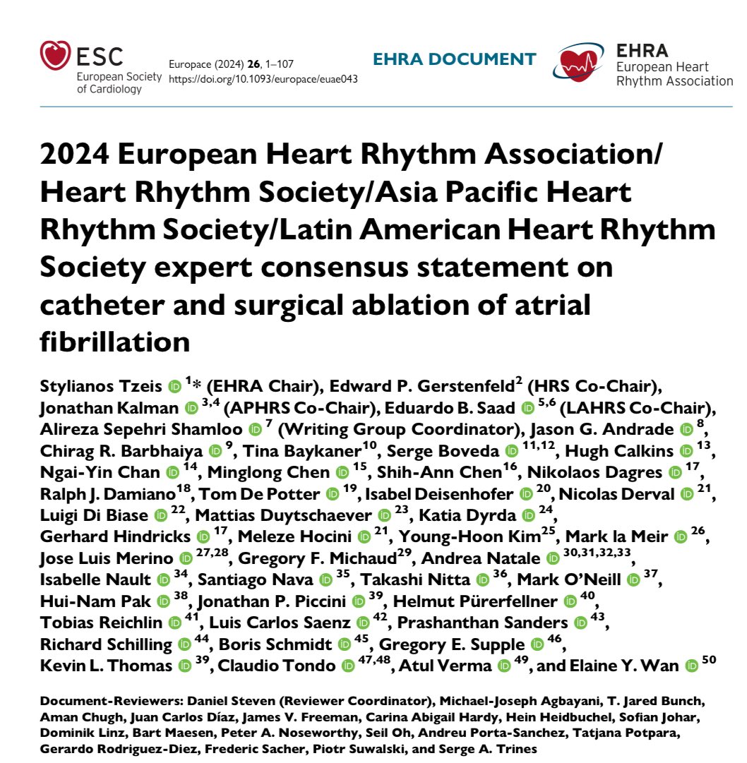 *NEW* #EHRA2024/@HRSonline /@APHRSOfficial /@LAHRSonline1 expert consensus statement on catheter and surgical ablation of #atrialfibrillation 🔗academic.oup.com/europace/artic… #simultaneouspublication #SimPub See this excellent🧵from @simovicst below!