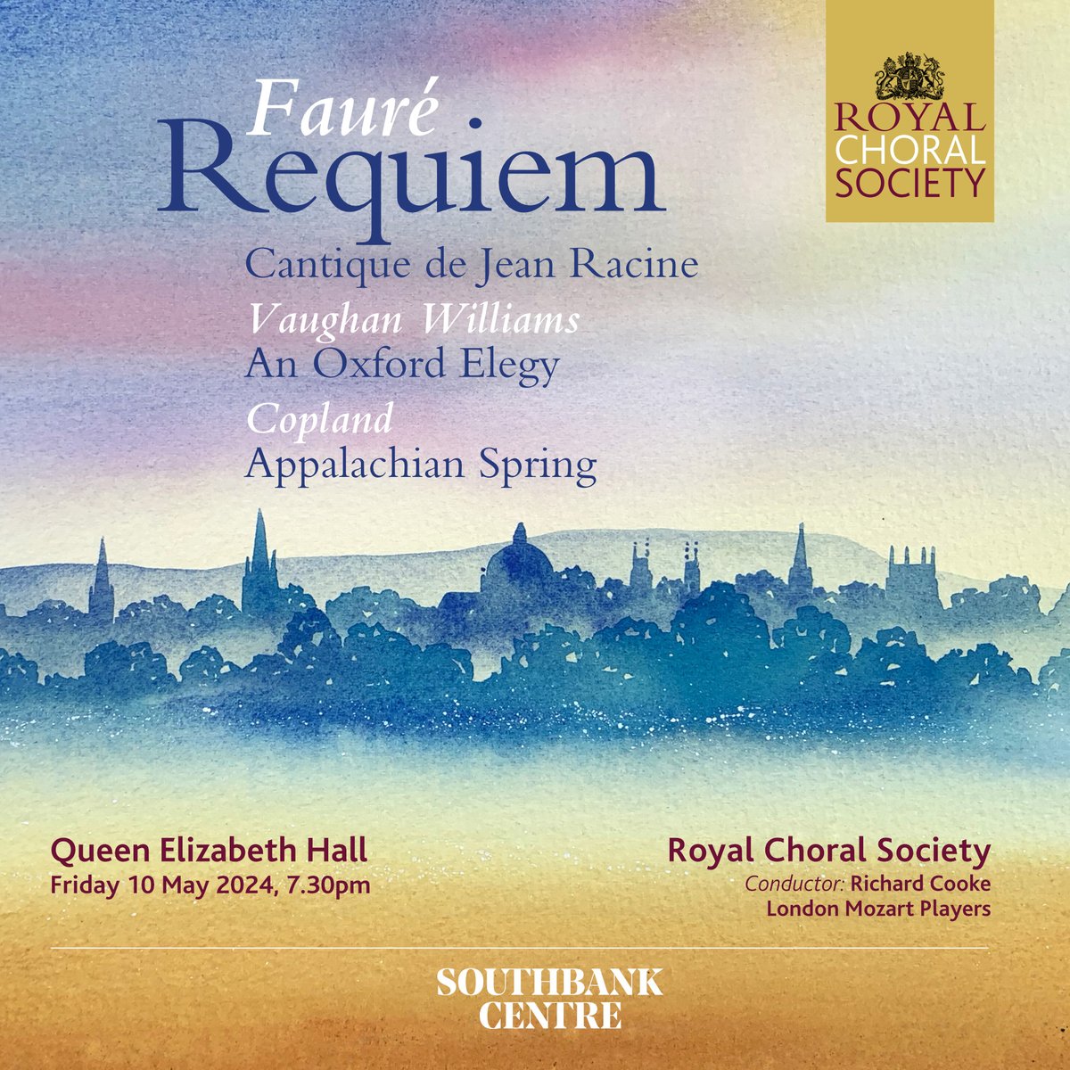 Back to rehearsal tonight after our Easter break – Fauré Requiem & RVW 'An Oxford Elegy' for our concert @southbankcentre QEH Fri 10 May, 7.30pm. Loving the perfect watercolour of Oxford's dreaming spires for our flyer by @ianscottmassie: more art here ianscottmassie.com