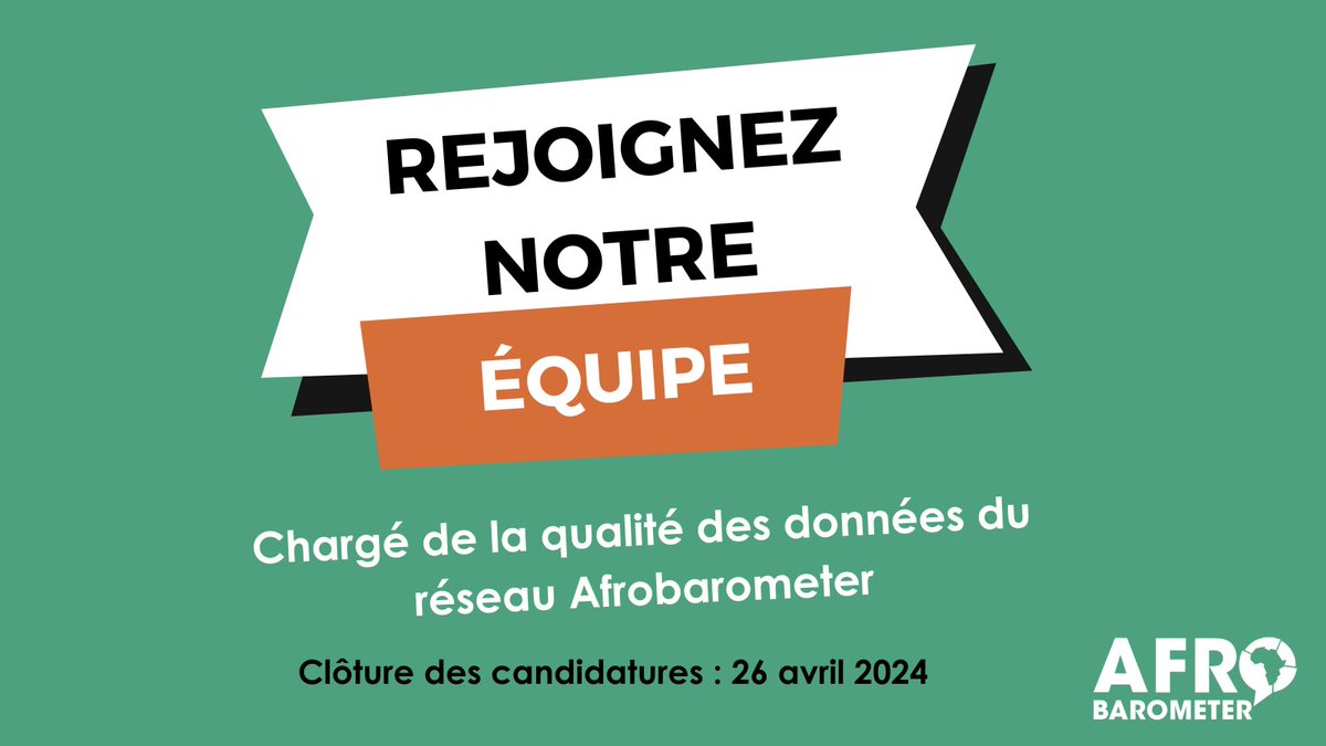 afrobarometer's tweet photo. Avis de vacance de poste : Nous recherchons un chargé de la qualité des données pour rejoindre le réseau Afrobarometer. 

Rendez-vous sur notre site pour en savoir plus sur le poste : https://t.co/XJbFHRsMPg. 

Clôture des candidatures le 26 avril 2024.

#VoicesAfrica https://t.co/6NMzqBJKZR