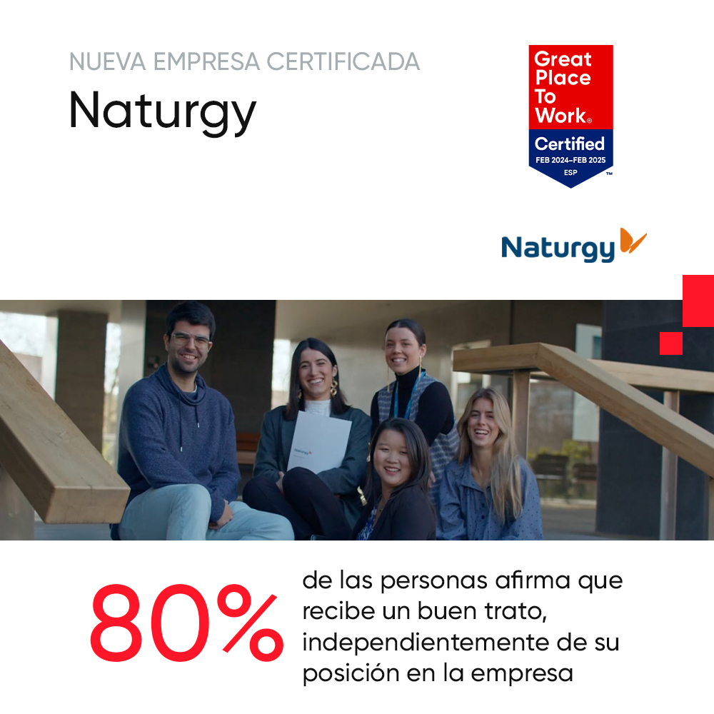 👏 ¡Naturgy obtiene la Certificación™ Great Place To Work®! ¡Bienvenid@s a la #ComunidadGreat! 🎉 🏅 El 80% de las personas de @Naturgy afirma que recibe un buen trato, independientemente de su posición en la empresa. 📍 greatplacetowork.es/naturgy/ #GPTWcertifiedES