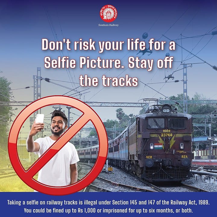 Capture moments safely! Your safety comes first—avoid risking it for a selfie. Stay off railway tracks. Your life is precious. #RailwaySafety #NoSelfieOnTracks #ThinkTwiceStaySafe #SafetyFirst #SouthernRailway 🚆