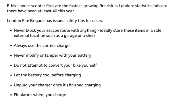 I am baffled by @LondonFire's advice on ebike fires. The evidence is that these fires are caused by poor quality batteries that shouldn't be on the market. But no mention of not buying these in the first place? bbc.co.uk/news/av/uk-eng…
