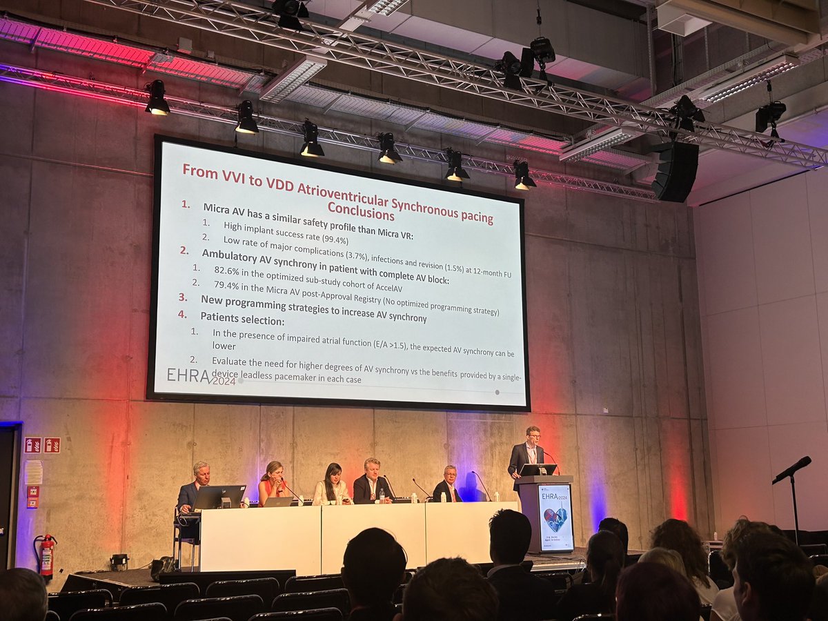 A great session on leadless pacing - #Micra AV allows for high %of AV synchrony once optimally programmed, but double-chamber leadless pacemaker is going to be a game-changer. #EHRA2024 @jadczyk @HenrikeHillmann @Kasia_Rajpold @ManningerMartin @GawalkoMonika