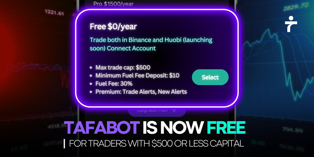 📢Now You Can Use Tafabot For FREE 📢

Trading with a capital of $500 or less? You can now use Tafabot for FREE! 💰

Enjoy Tafabot's trading bots without any cost! Simply deposit a minimum of $10 for gas fees and connect your Binance or Huobi account! 

Watch the full