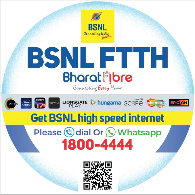 Experience the lightening fast internet! Subscribe for #BSNL #BharatFiber and enjoy unlimited calling, unlimited data download and unlimited entertainment. To book: please visit bookmyfiber.bsnl.co.in or please dial 18004444 or say 'Hi' to 18004444 (WhatsApp). #FamilyWiFi