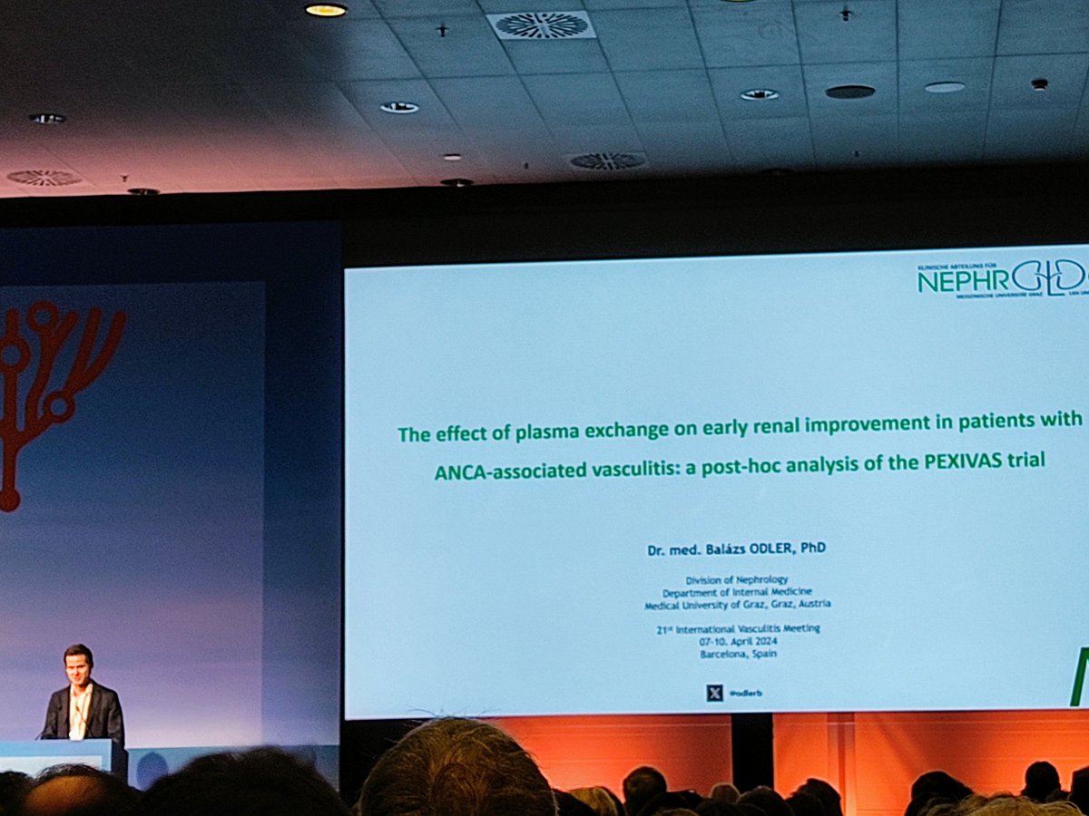 Brilliant presentation @odlerb ! How does plasma exchange affect early renal improvement in AAV patients. Tailored treatment is the best approach. Looking forward to the publication! #VasculitisBCN2024 #vasculitis #pexivas @vascuk @IrishVasculitis @Vasculitis_NL @_ERNRITA