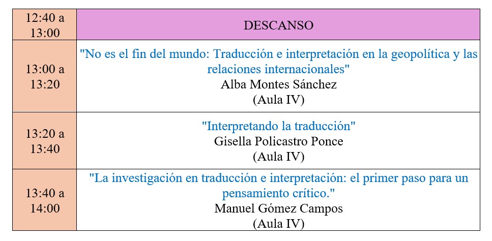 ❗Ha habido un cambio en el horario de Traducción e Interpretación dentro de las Jornadas "Descubre tu línea de TFG". 
La ponencia del profesor Manuel Gómez (<a href="/yomanuelgomez/">Manuel Gómez Campos</a>), que era en un inicio de 10:40 a 11:00, ha pasado a ser a las 13:40 en el aula IV.
Os esperamos en ella ☺️