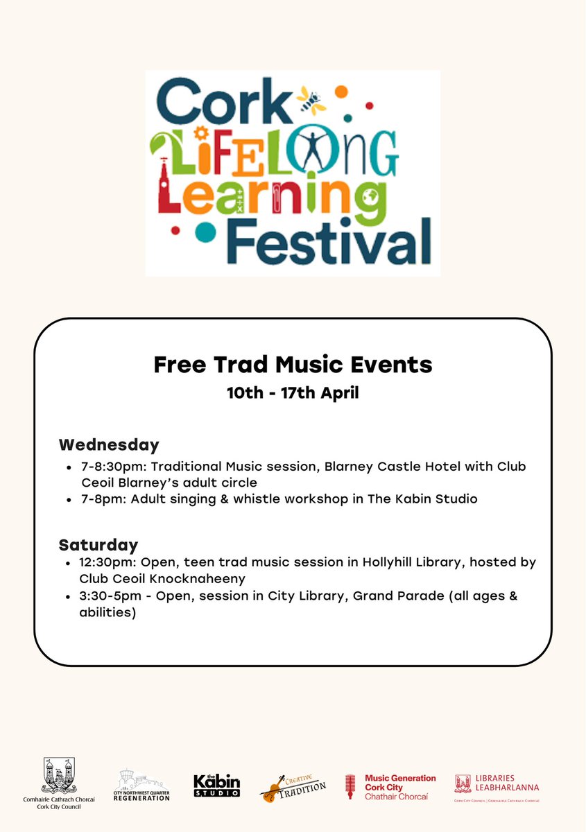 We're delighted to be hosting some free, open traditional music & song events again this year for the @learning_fest! We would love to see you there, thanks so much to @MusicGenCC @corkcitylibrary @corkcitycouncil @MusicalNeighbo @thekabinstudio