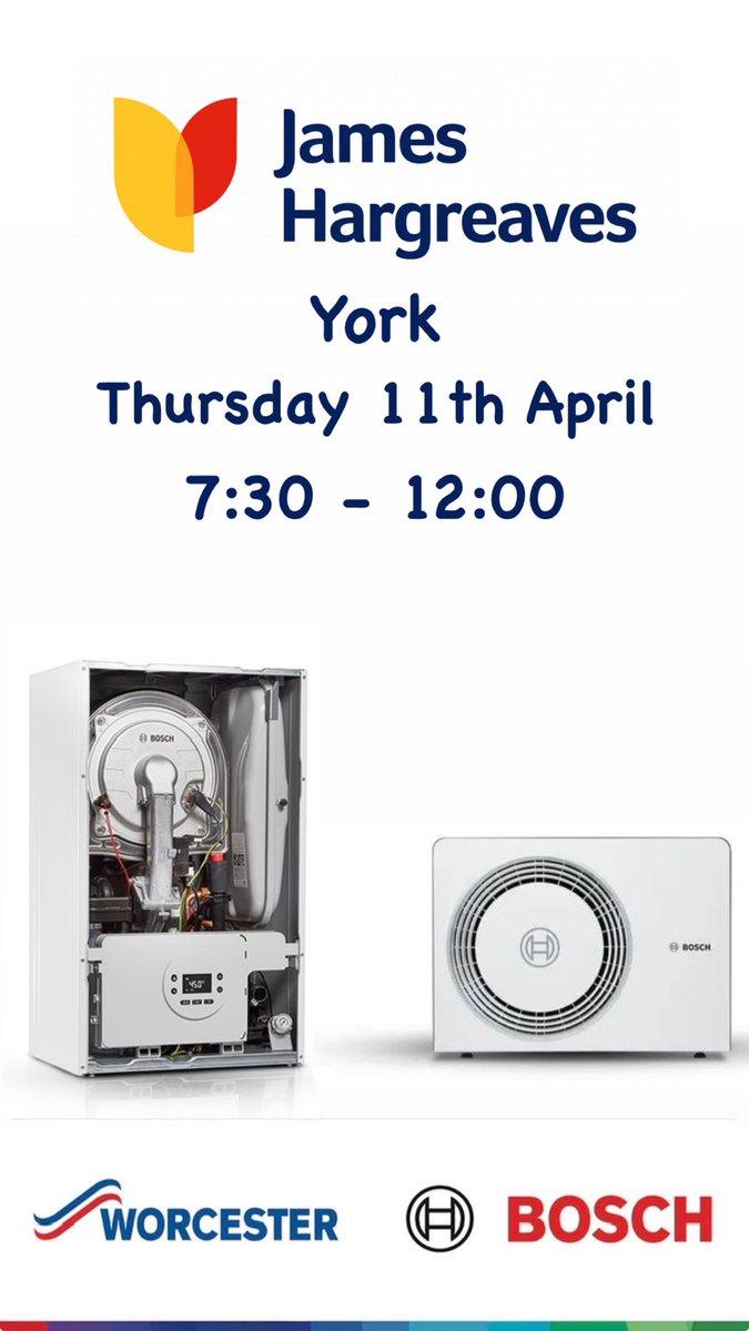 Join me at <a href="/JamesHargreaves/">James Hargreaves</a> in York on Thursday talking all things <a href="/WorcesterBosch/">Worcester Bosch Professional</a>. Domestic gas and oil, heat pumps, air conditioning and commercial, we’ve got you covered. See what all the fuss is about with our new Greenstar 1000 budget boiler, on the day deals to be had!