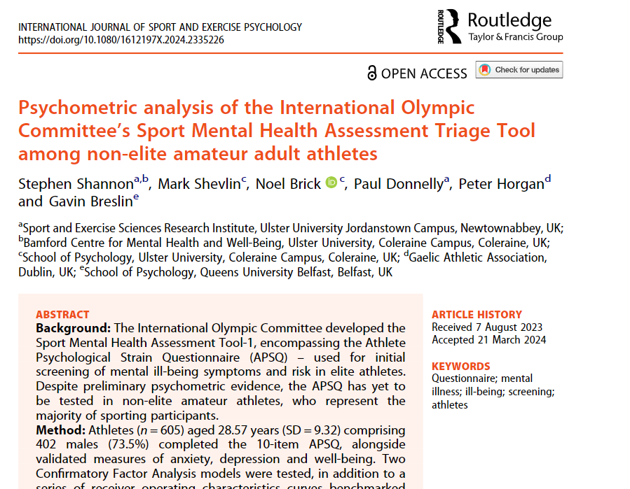 Link to our most recent (Open Access) article: Psychometric analysis of the International Olympic Committee's Sport Mental Health Assessment Triage Tool tandfonline.com/doi/full/10.10… @UlsterSchSport @noelbrickie @breslin_g