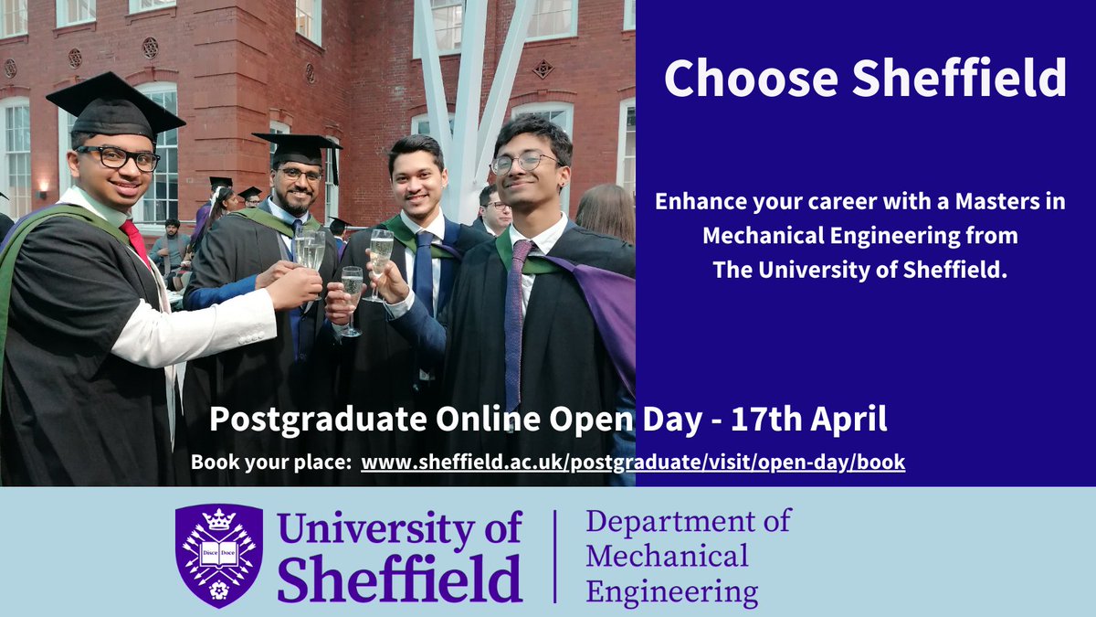 Thinking of doing a masters? Talk to staff and students at our online open day on 17 April. You can find out more about mechanical engineering, chat to current postgraduate students and get advice on funding, scholarships and how to apply. Book your place sheffield.ac.uk/postgraduate/v…