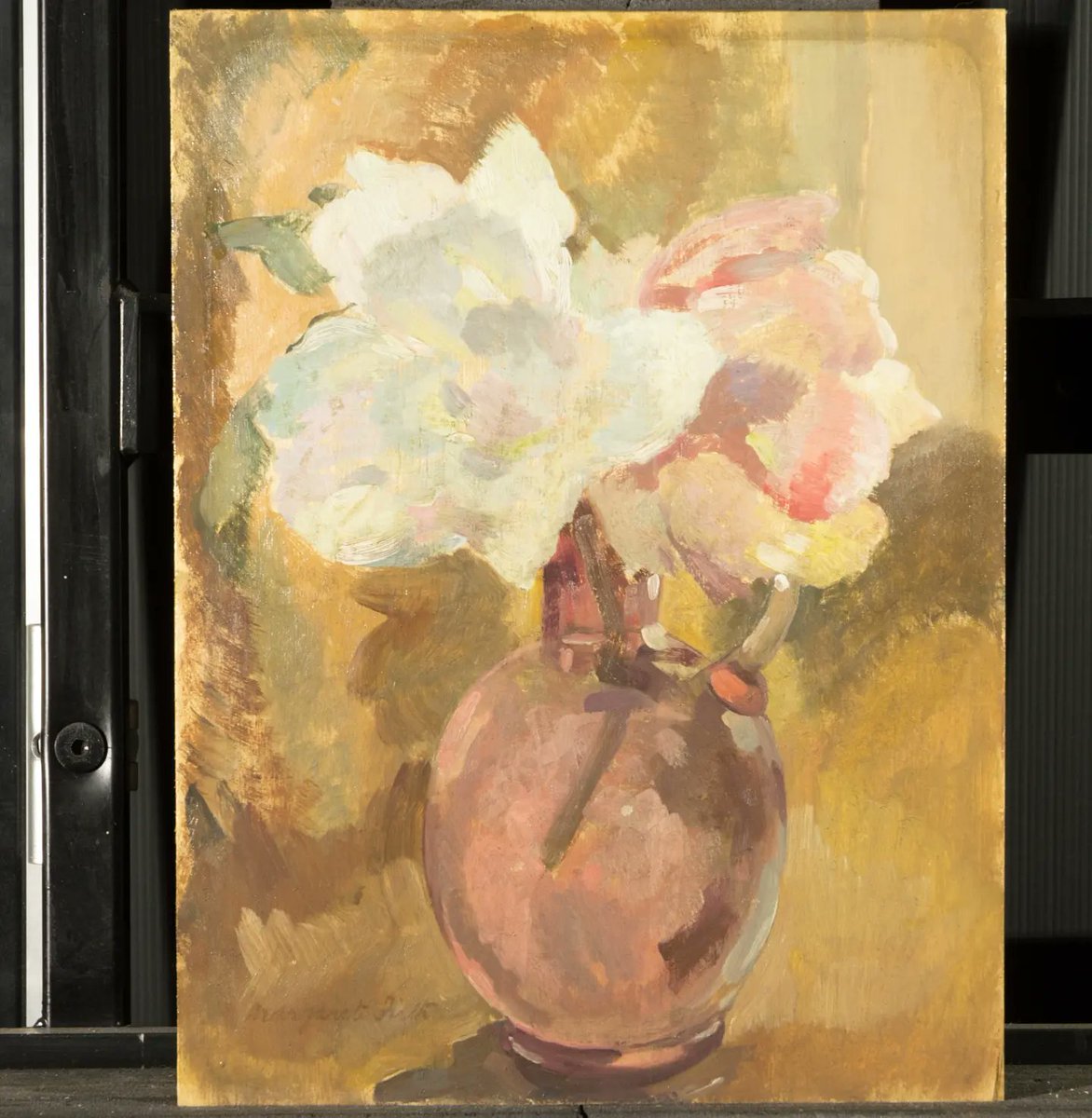 ckconservation's tweet photo. We had a pleasure to conserve some paintings for the new Still Lives exhibition at @HepworthGallery. Here's a sneaky peek of us cleaning 'Tulips' by Margaret Firth, 1951. https://t.co/UTSSL4WlWq