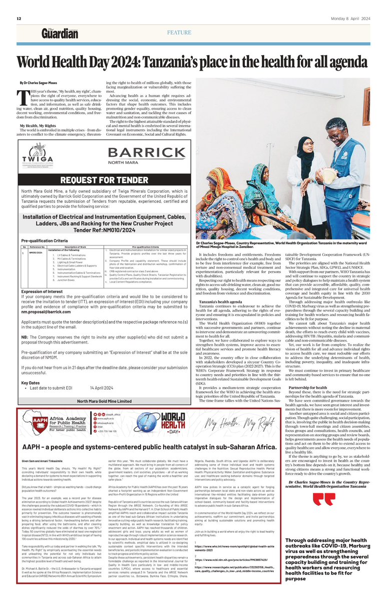 🇹🇿 continues to work to achieve the #healthforall agenda, adhering to the rights of everyone and ensuring it is encapsulated in policies and interventions. Thank you to @TheGuardianTzO1 for featuring this insightful OP-ED authored by our Country Rep, Dr @sagoe_moses. Read ⬇️
