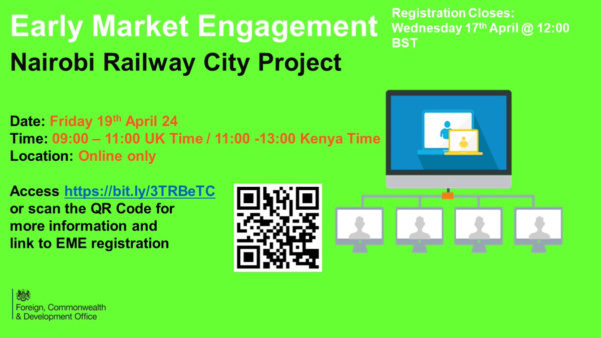 Early Market Engagement – Nairobi Railway City Project will take place on Friday 19th April at 09:00 - 11:00 UK Time / 11:00 – 13:00 Kenya Time. Access bit.ly/3TRBeTC for further information & the link to register for the EME. #FCDOGovUK #UKAid