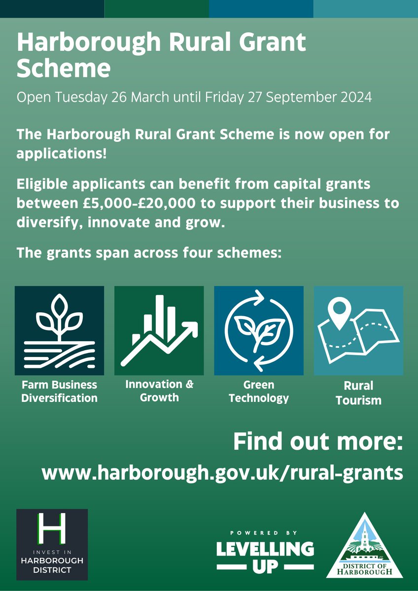 💚Businesses based in rural areas of #Harborough district are encouraged to apply for the Rural Grant Fund.

Eligible applicants can benefit from grants between £5,000 - £20,000 to support their business to diversify, innovate &amp; grow.

👉Find out more: harborough.gov.uk/rural-grants