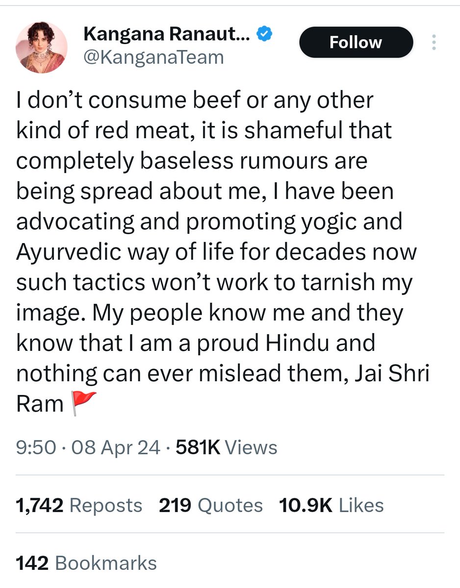 @KanganaTeam Yes you've told multiple times during interviews that you once loved Beef but turned vegan a few years back. Anyways Ye 'Laal Maas' konsi vedic sabzi hai @KanganaTeam ji. 🤨