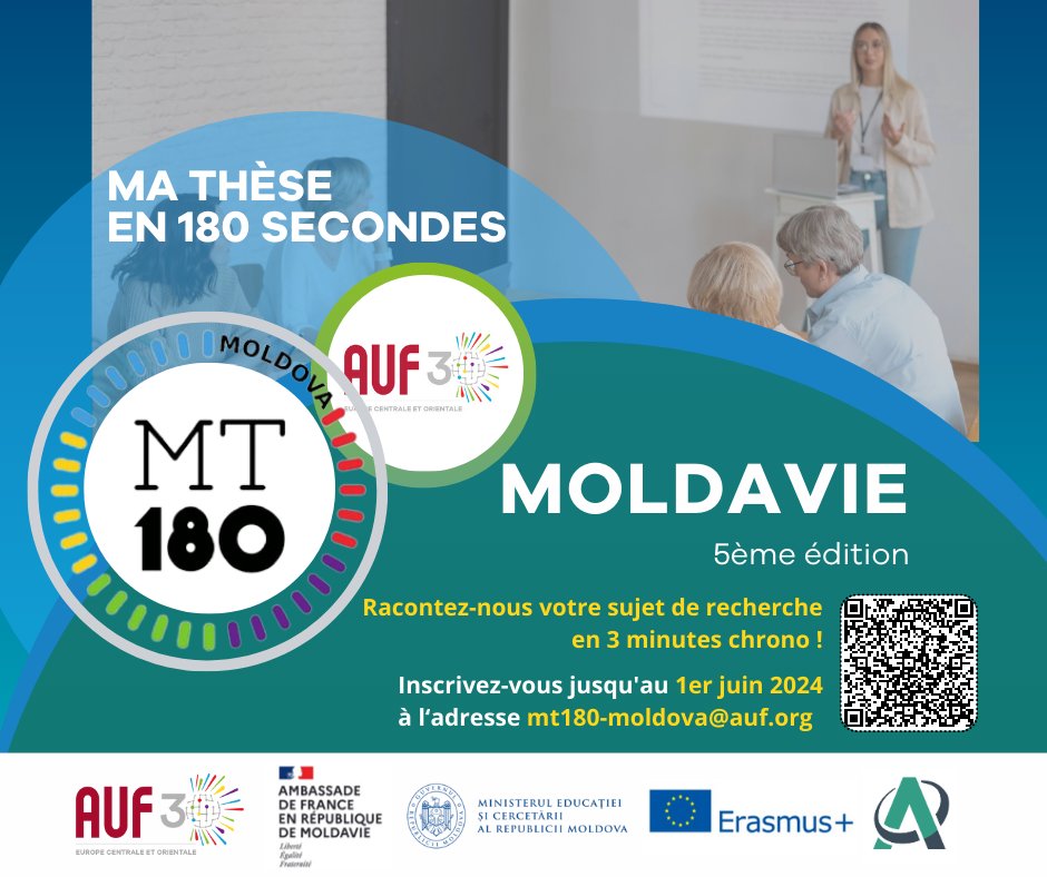 [#MT180 2024 Moldavie]
📢L’appel à candidatures pour participer au concours « Ma thèse en 180 secondes » édition 2024 en Moldavie est lancé !
➕Plus d'informations : l.auf.org/MT180s2024Mold…
#AUF #MT180 #moldova