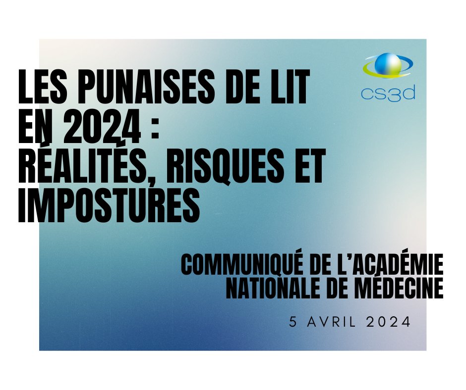 📷 L’Académie nationale de médecine a publié, le 5 avril dernier, un communiqué relatif aux punaises de lit.

📷 Retrouvez le communiqué complet en cliquant ci-dessous : academie-medecine.fr/wp-content/upl…