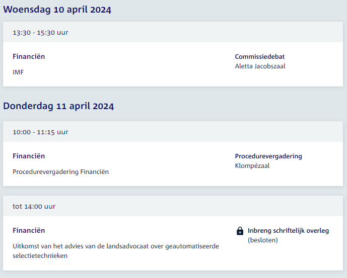 Morgen om 16.30 vindt het tweeminutendebat naar aanleiding van het commissiedebat Hersteloperatie kinderopvangtoeslag op 19 maart plaats en donderdag 18.30 het tweeminutendebat Belastingdienst (CD 15/2). Verder nog op de agenda: