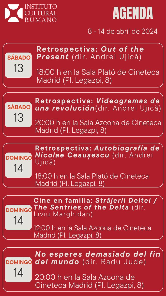 🎬 Aquí están nuestros eventos de esta semana, 8⃣ - 1⃣4⃣ de abril. ¡Os esperamos!