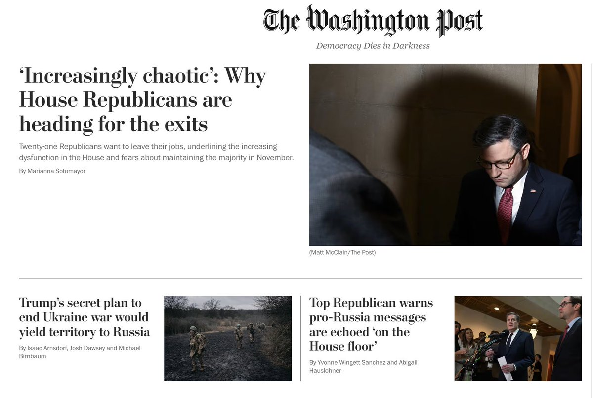 Front page of WaPo is as evocative of the problem w/GOP as any of these three stories (tho the Congress one is worthwhile).
1) House GOP can't govern but they don't blame Trump
2) Trump wants to deliver deal pitched to Manafort in 2016
3) GOPers are parroting RU propaganda