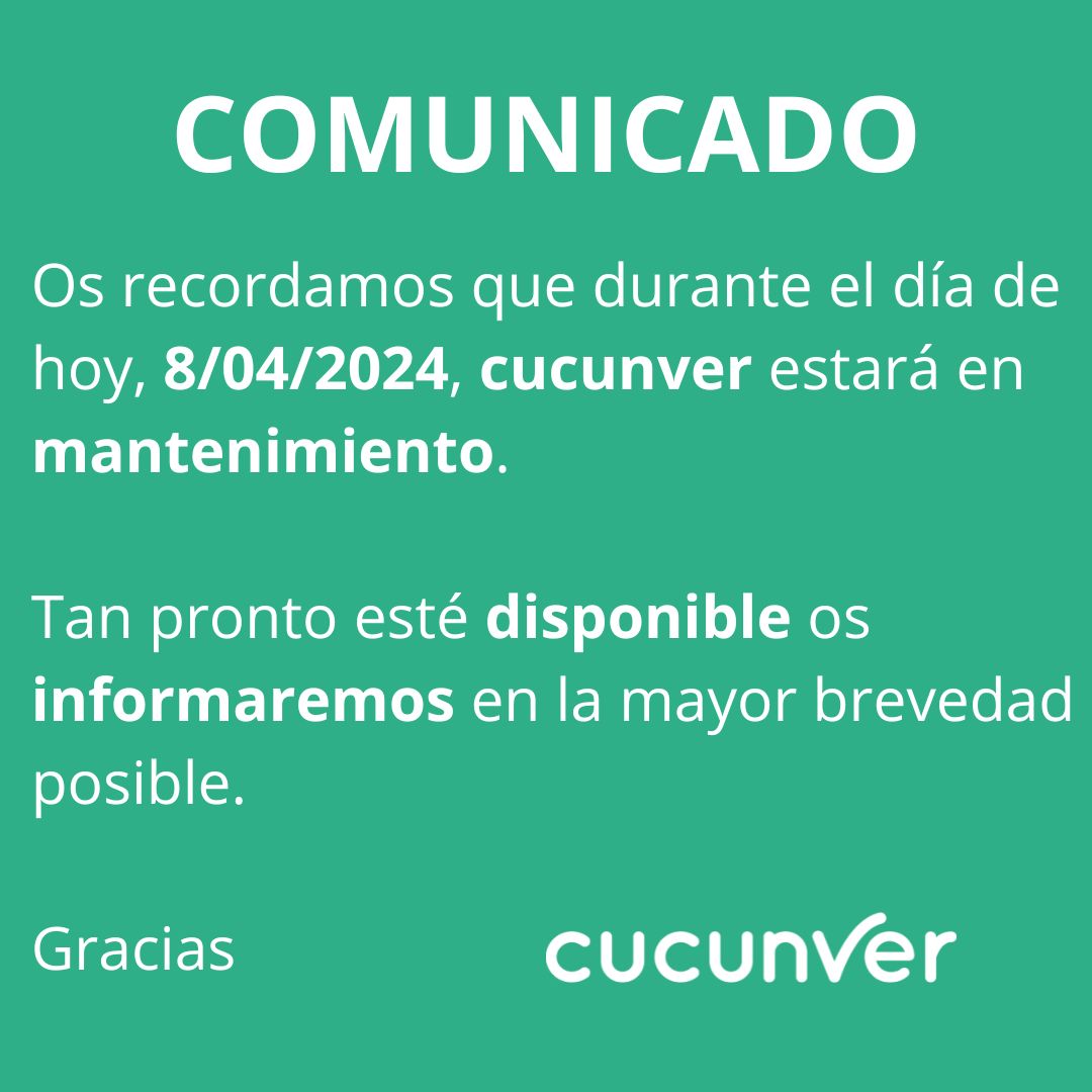 Atención ‼️ Durante el día de hoy, 8/04/2024, cucunver estará en mantenimiento por mejoras del sistema. 

En cuanto esté disponible, os informaremos.

Gracias.
Equipo cucunver