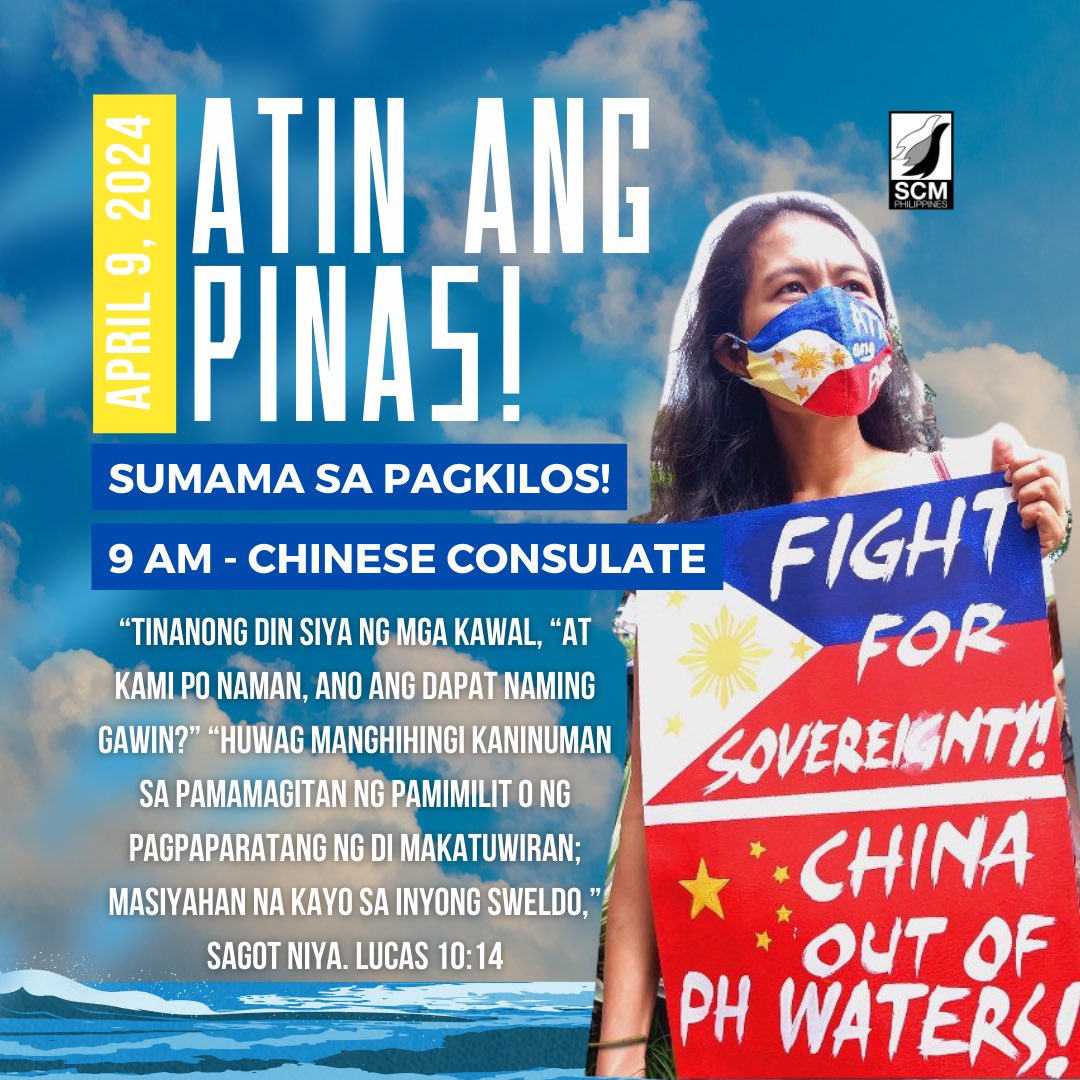 ATIN ANG PINAS! TUTULAN ANG PANGGIGIPIT! CHINA LAYAS! #AtinAngPinas Sa harap ng mas tumitinding pandarahas ng Tsina sa mga mangingisda sa WPS, tinatawagan tayong mga kabataang Kristiyano na buhayin ang ating pananampalataya.