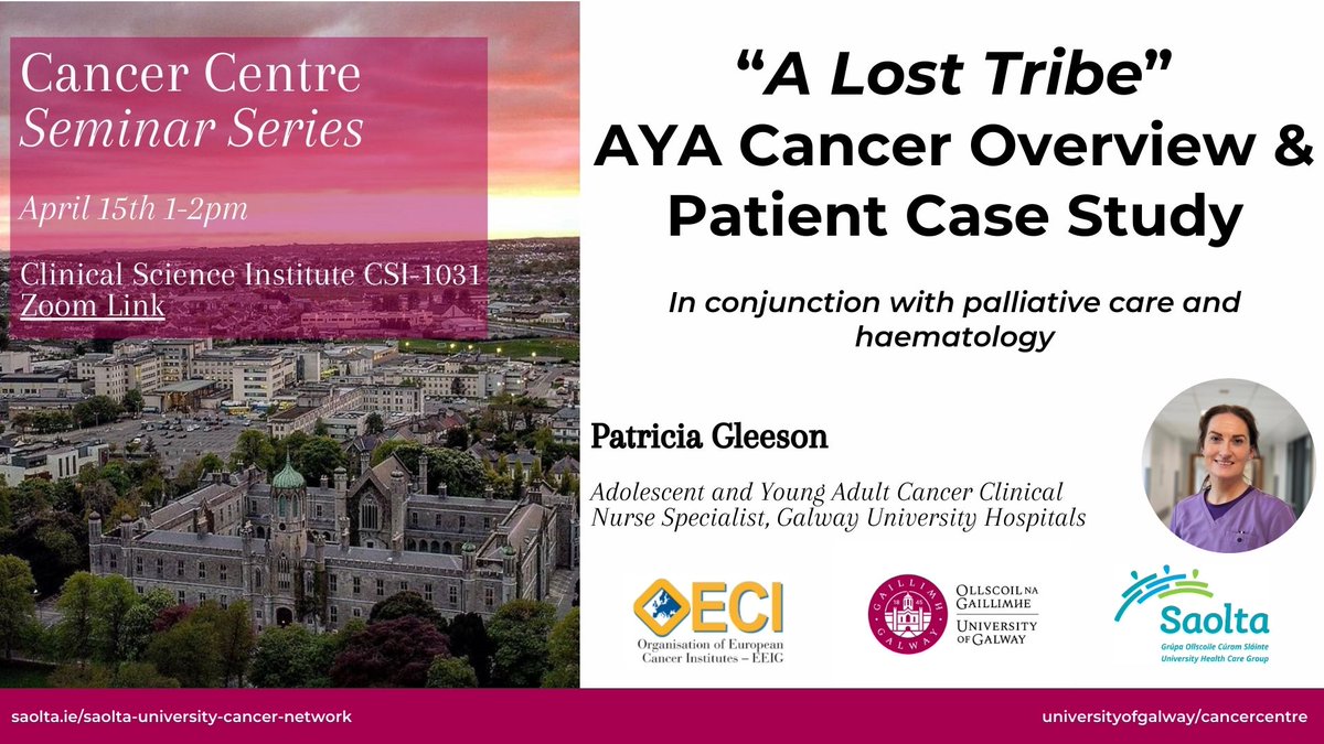 Cancer Seminar Series 🗓️April 15th, 1pm 📍CSI-1031 and Zoom (see email for details) 👩‍⚕️Patricia Gleeson, AYA Clinical Nurse Specialist @trishgleeson @saoltagroup @mccarthymt7 #AYACancer #CancerMCAN #CancerWestNorthwest