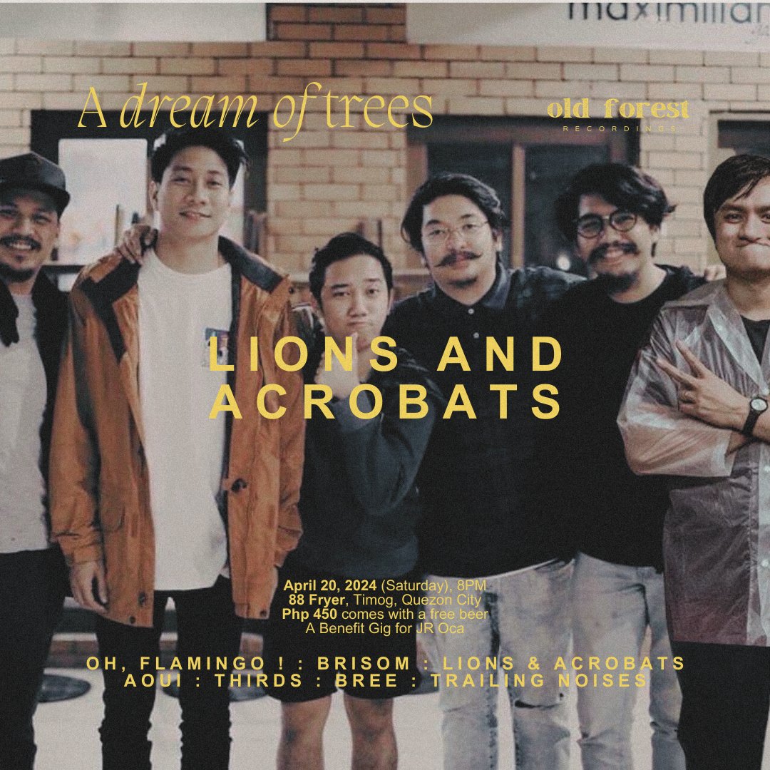 Old Forest Recordings (@oldforestrecord) on Twitter photo BAND FEATURE (4/7)
From the golden days of PH indie rock, catch <a href="/lionsacrobats/">lions & acrobats</a> at DREAM OF TREES ๐
๐ April 20, 2024 (Saturday), Show starts 8P
๐ 88 FRYER, Panay Ave., QC (Near Timog)
๐ซ P450 (Comes with a free beer)
A Benefit Gig for JR Oca
Celebrate Music, Serve Communities BAND FEATURE (4/7)
From the golden days of PH indie rock, catch <a href="/lionsacrobats/">lions & acrobats</a> at DREAM OF TREES ๐
๐ April 20, 2024 (Saturday), Show starts 8P
๐ 88 FRYER, Panay Ave., QC (Near Timog)
๐ซ P450 (Comes with a free beer)
A Benefit Gig for JR Oca
Celebrate Music, Serve Communities