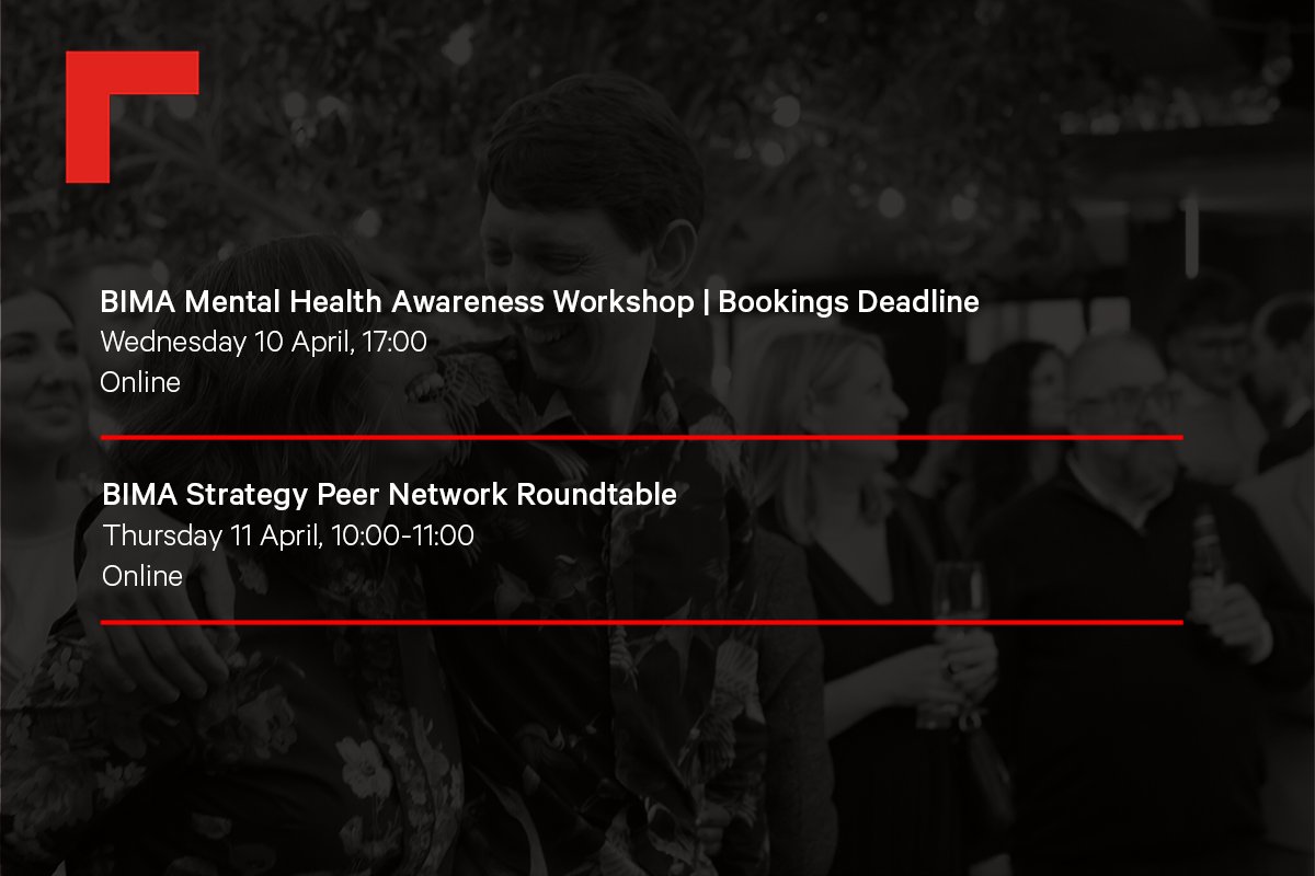 Happy Monday, members! Join your exclusive roundtable for your monthly share to uncover solutions & share insights as strategists on Thurs! Don't forget, bookings closes on 10 Apr for our mental health awareness workshop! Last chance to sign up this week: bima.co.uk/events/