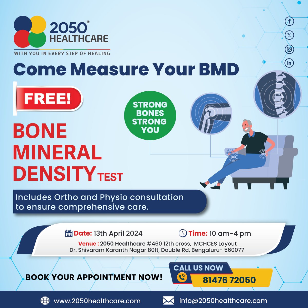Join us on 13th April for a FREE Bone Mineral Density Test, including comprehensive ortho and physio consultation.

Book your appointment now!

#BoneHealth #OsteoporosisAwareness #OsteoporosisPrevention #HealthScreening #2050Healthcare