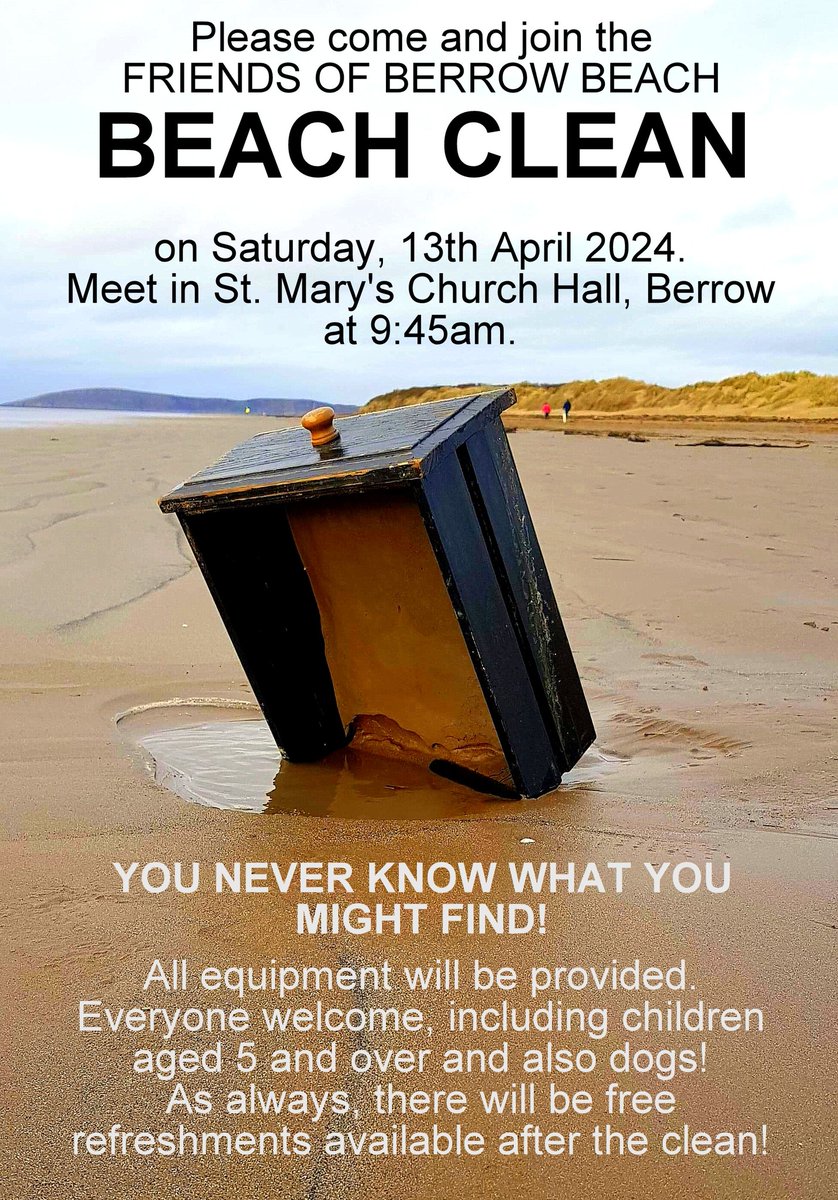 Join the Friends of Berrow Beach for their monthly beach clean this Saturday! 📅 Saturday, 13th April 🕘 Meet at 9:45am at St. Mary's Church Hall, Berrow 🧤 All equipment will be provided